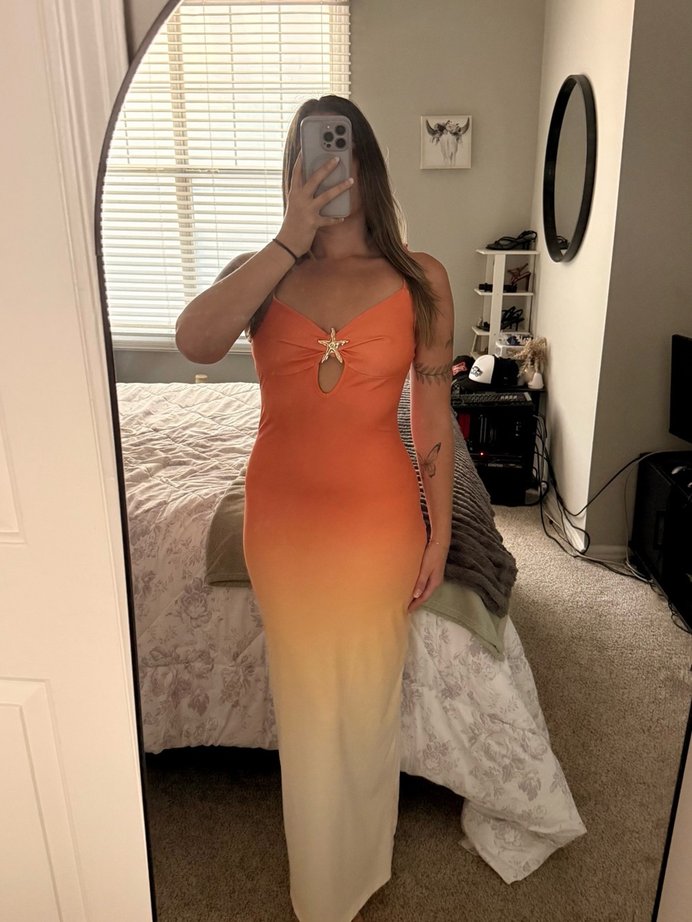 Women’s Ombre Orange Maxi Dress with Starburst Accent